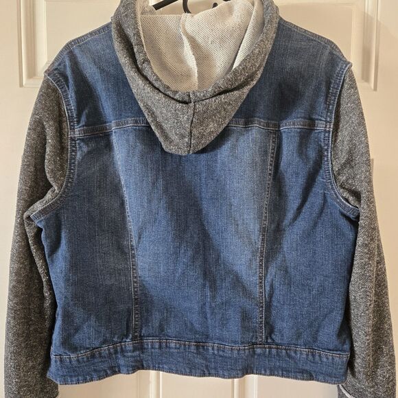 Mossimo Supply Co Denim Jean Jacket Hoodie XXL Blue Gray Knit Sleeves Casual - Picture 10 of 10